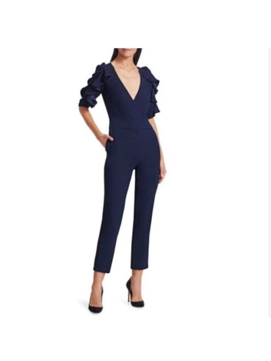 Monique Lhuillier Pants - ML MONIQUE LHUILLIER VNeck 3/4 Ruffled Sleeves Jumpsuit Pantsuit Navy Blue 12